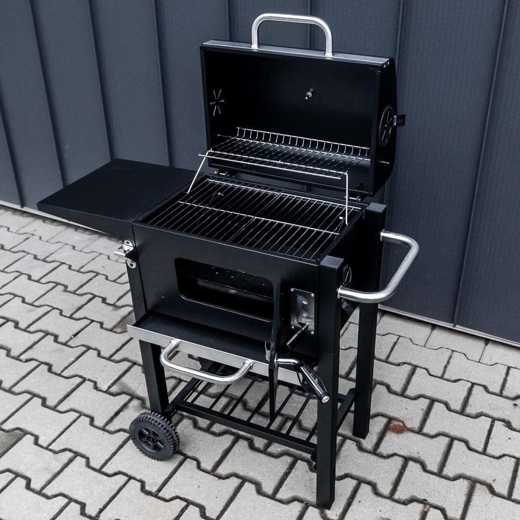 grill, grill ogrodowy, grill z termometrem, grill chromowany ruszt, grill z pokrywą i półką boczną