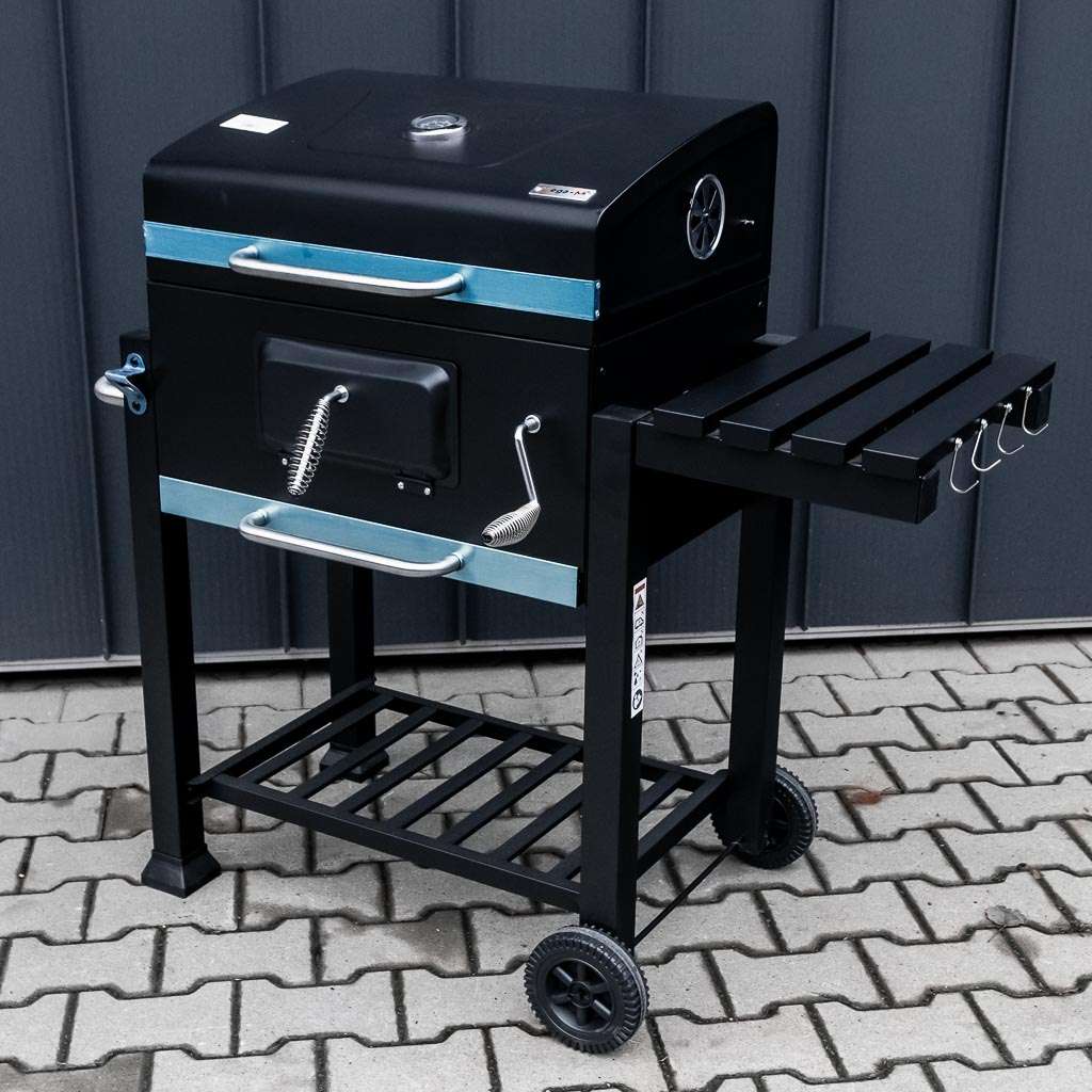 grill, grill ogrodowy, grill z termometrem, grill chromowany ruszt, grill z pokrywą i półką boczną