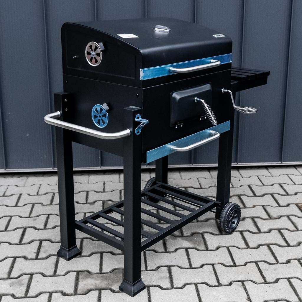 grill, grill ogrodowy, grill z termometrem, grill chromowany ruszt, grill z pokrywą i półką boczną