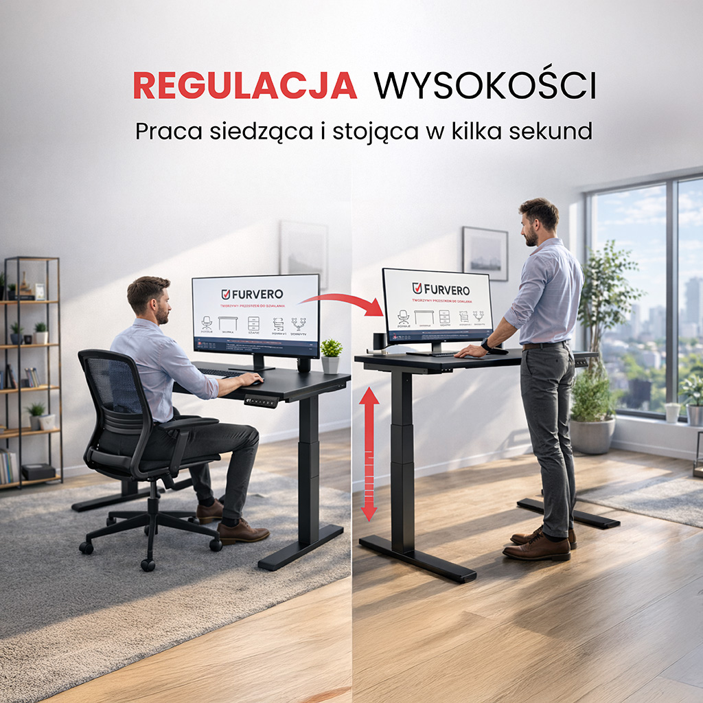 biurko regulowane elektrycznie, biurko z regulacją wysokości, biurko ergonomiczne, biurko czarne, biurko do home office, ciche biurko z silnikiem