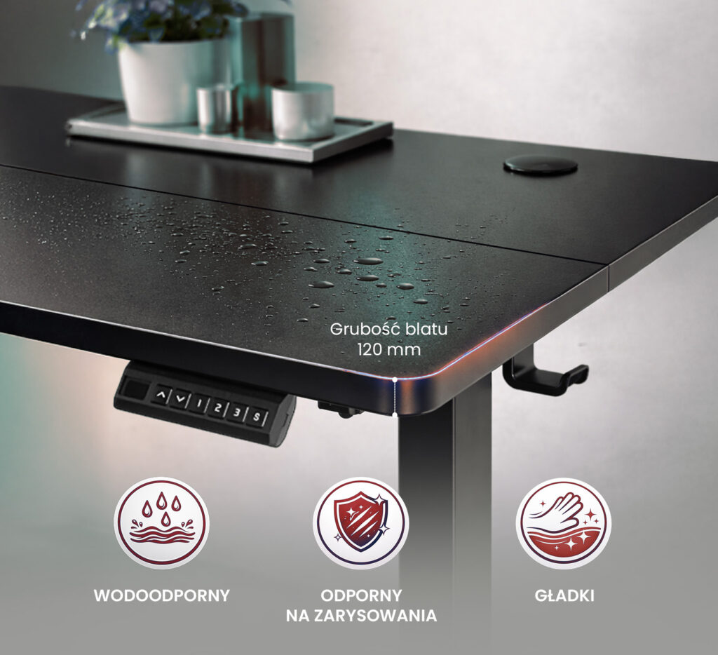 biurko regulowane elektrycznie, biurko z regulacją wysokości, biurko ergonomiczne, biurko czarne, biurko do home office, ciche biurko z silnikiem