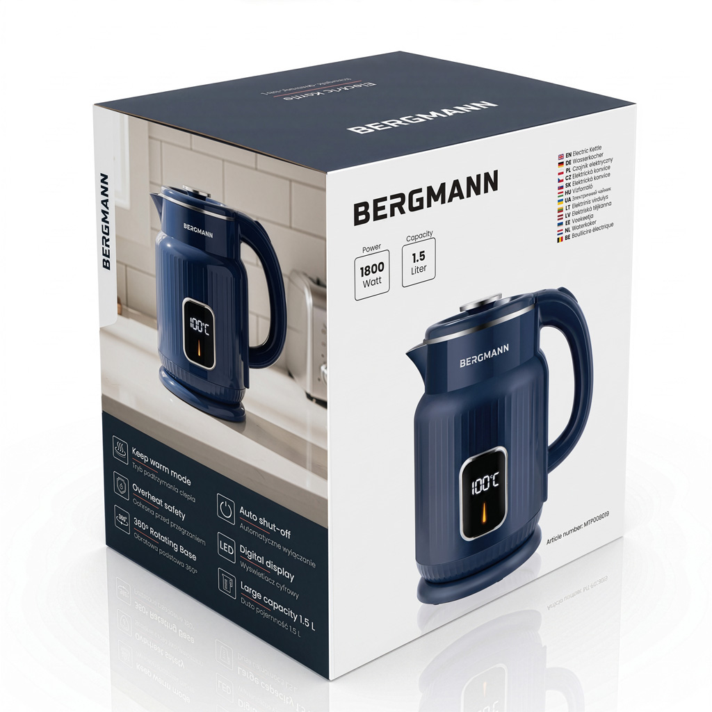 Czajnik elektryczny granatowy BERGMANN ZHL006 1,5L 1800W ryflowany z wyświetlaczem