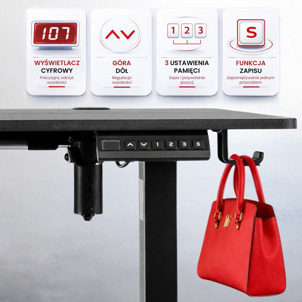 stelaż biurka regulowany elektrycznie, stelaż czarny, stelaż z regulacją wysokości, stelaż 1-silnikowy, stelaż do biurka 110-140 cm, regulowany stelaż do biurka, elektryczny stelaż biurkowy, stelaż z portami USB, ergonomiczny stelaż do biurka