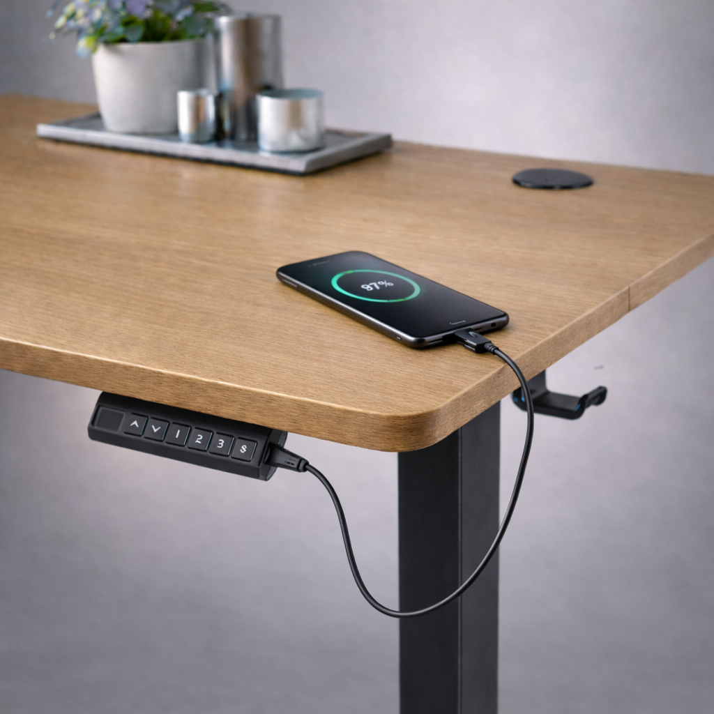 stelaż biurka regulowany elektrycznie, stelaż czarny, stelaż z regulacją wysokości, stelaż 1-silnikowy, stelaż do biurka 110-140 cm, regulowany stelaż do biurka, elektryczny stelaż biurkowy, stelaż z portami USB, ergonomiczny stelaż do biurka