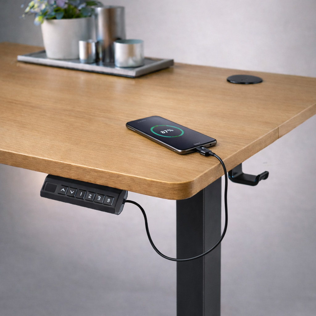 telaż biurka regulowany elektrycznie, stelaż czarny, stelaż z regulacją wysokości, stelaż 1-silnikowy, stelaż do biurka 110-140 cm, regulowany stelaż do biurka, elektryczny stelaż biurkowy, stelaż z portami USB, ergonomiczny stelaż do biurka