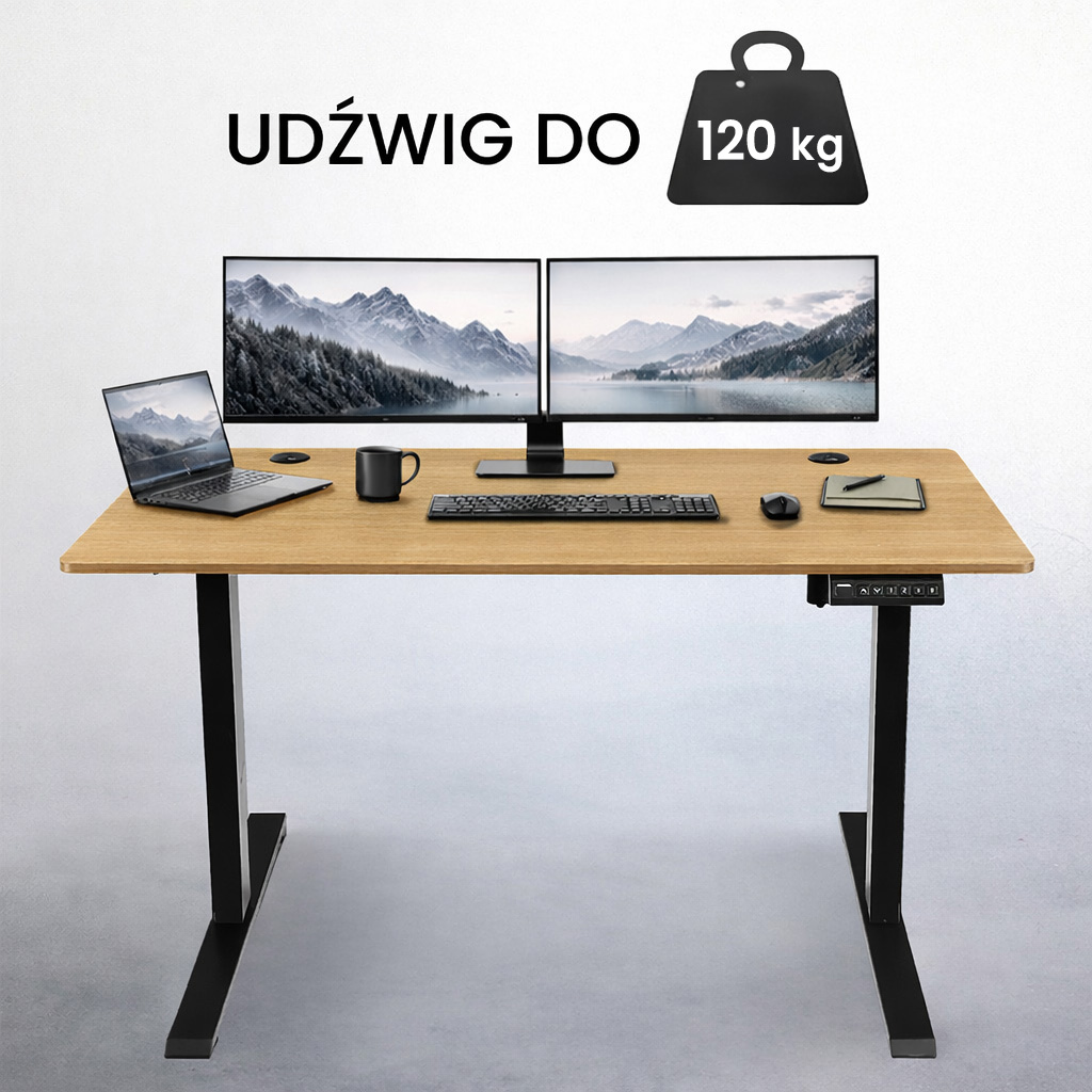 telaż biurka regulowany elektrycznie, stelaż czarny, stelaż z regulacją wysokości, stelaż 1-silnikowy, stelaż do biurka 110-140 cm, regulowany stelaż do biurka, elektryczny stelaż biurkowy, stelaż z portami USB, ergonomiczny stelaż do biurka