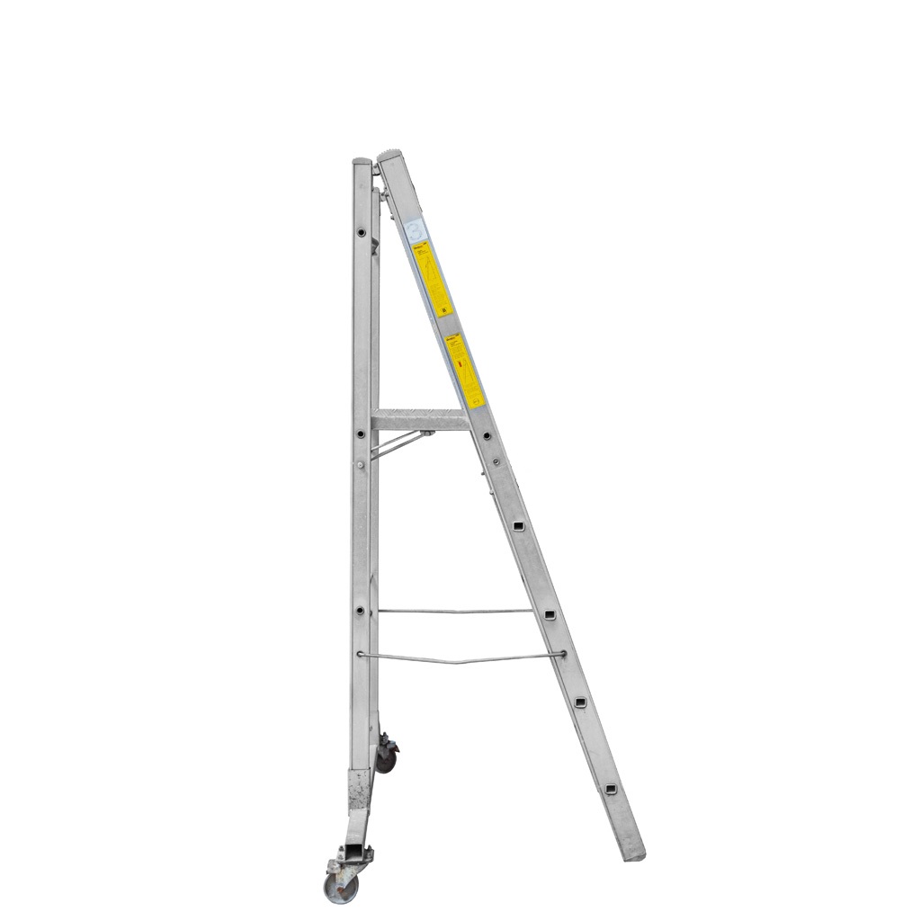 drabina platformowa aluminiowa, drabina z barierkami, drabina robocza przemysłowa, drabina aluminiowa do magazynu, drabina z platformą roboczą, drabina przejezdna z kołami, drabina z poręczami