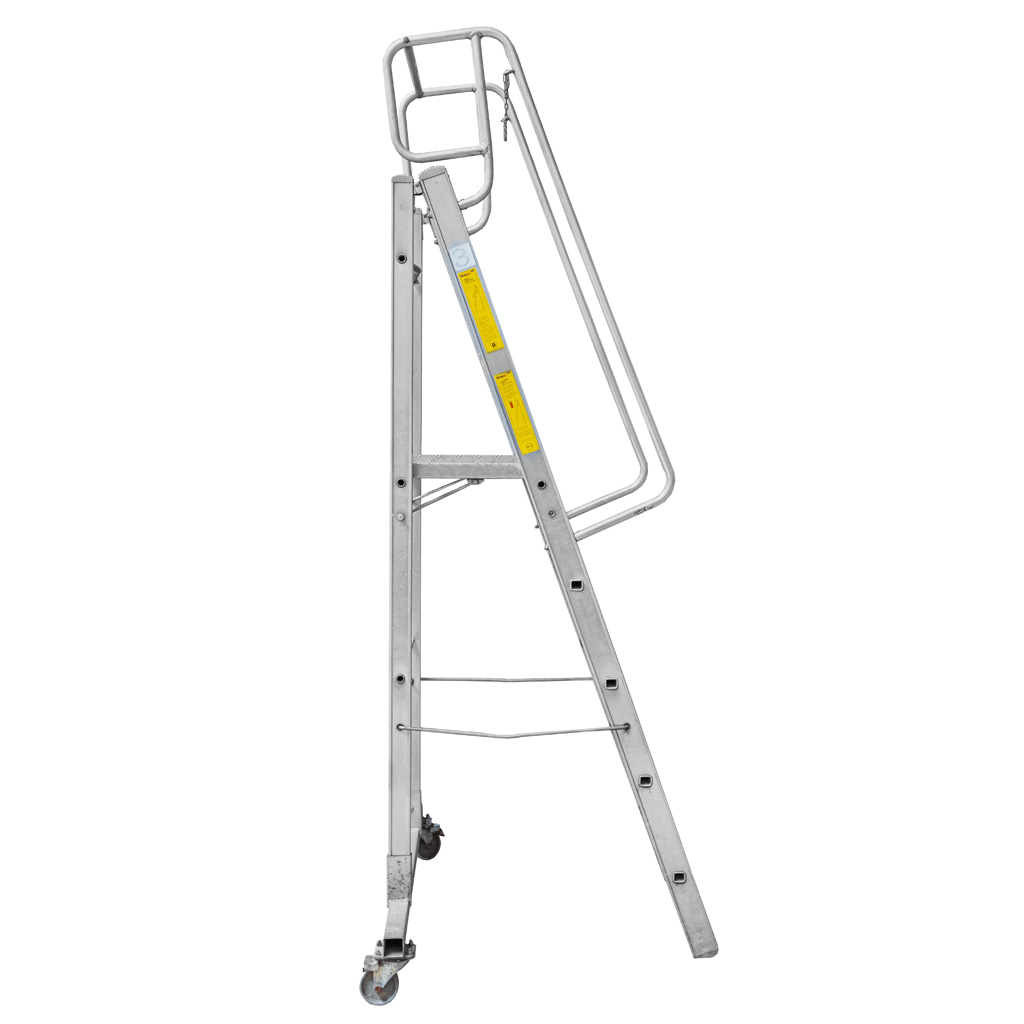 drabina platformowa aluminiowa, drabina z barierkami, drabina robocza przemysłowa, drabina aluminiowa do magazynu, drabina z platformą roboczą, drabina przejezdna z kołami, drabina z poręczami