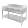 Stół gastronomiczny ze stali nierdzewnej przyścienny z półką i 3 szufladami Mega-M X 120x70x85 cm