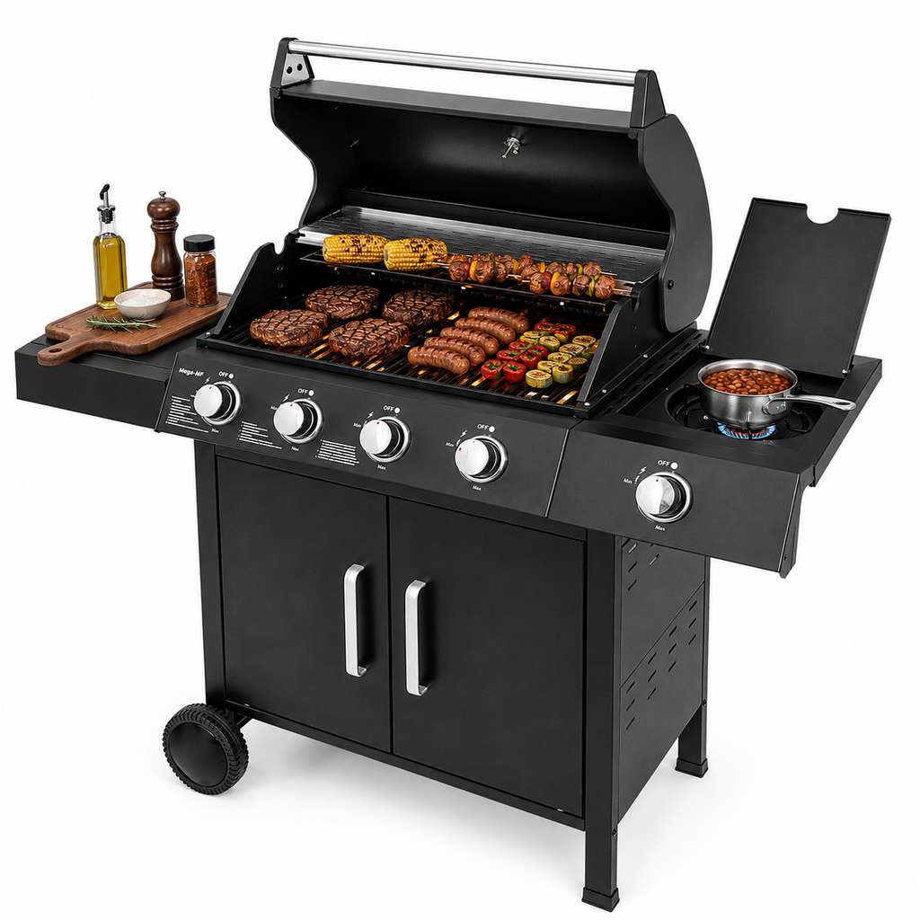 grill gazowy ogrodowy BERGMANN 4+1, grill ogrodowy gazowy ze stolikiem bocznym