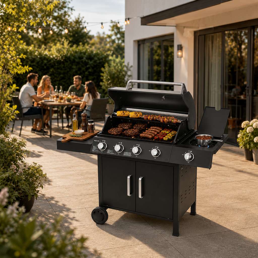 grill gazowy ogrodowy BERGMANN 4+1, grill ogrodowy gazowy ze stolikiem bocznym