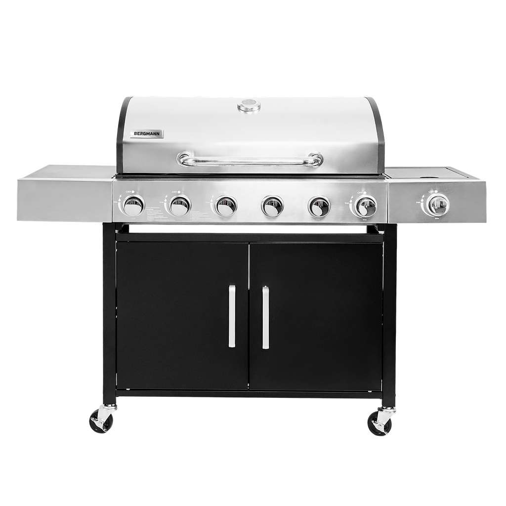 Grill gazowy ogrodowy BERGMANN 6+1 ze stolikiem bocznym, grill ogrodowy gazowy