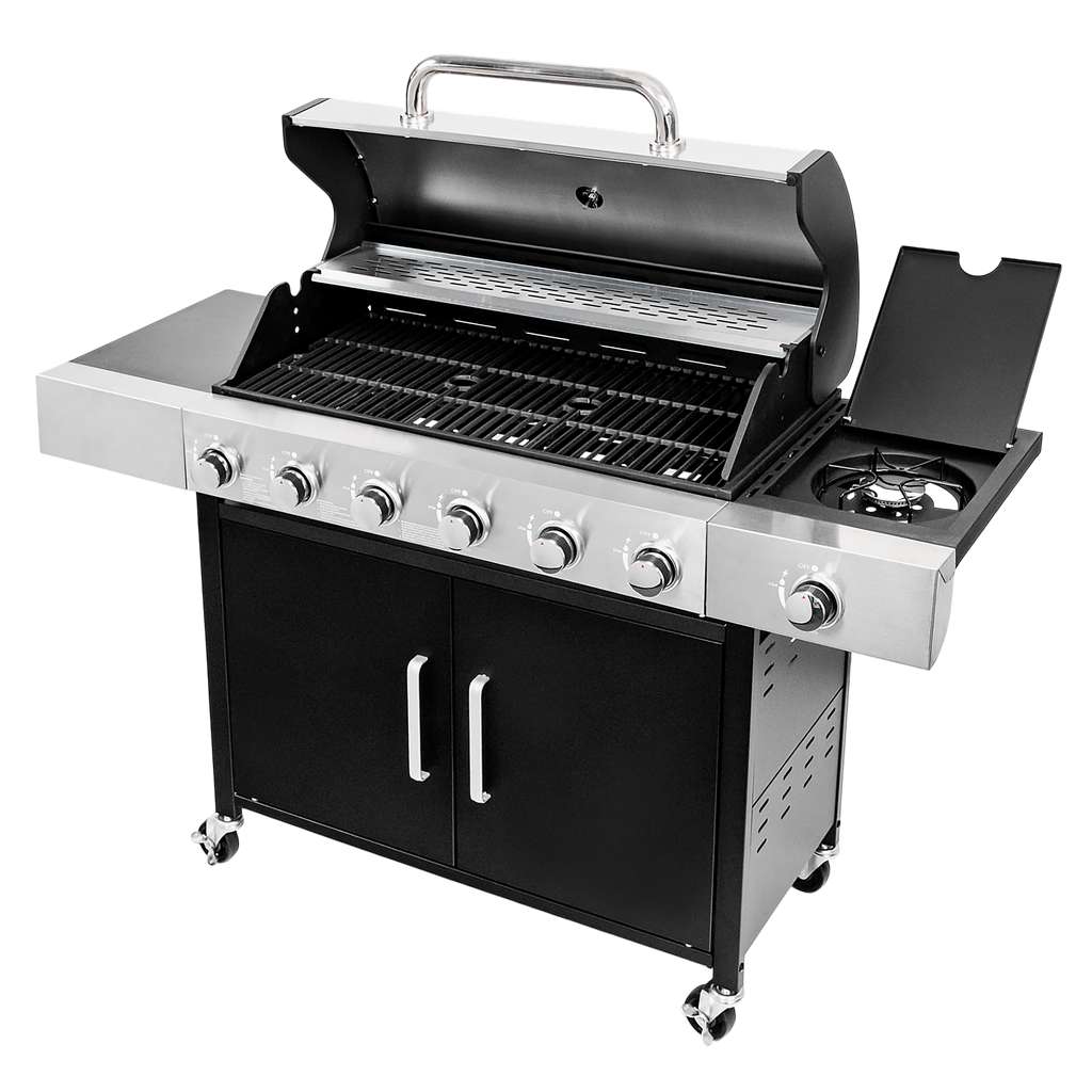Grill gazowy ogrodowy BERGMANN 6+1 ze stolikiem bocznym, grill ogrodowy gazowy