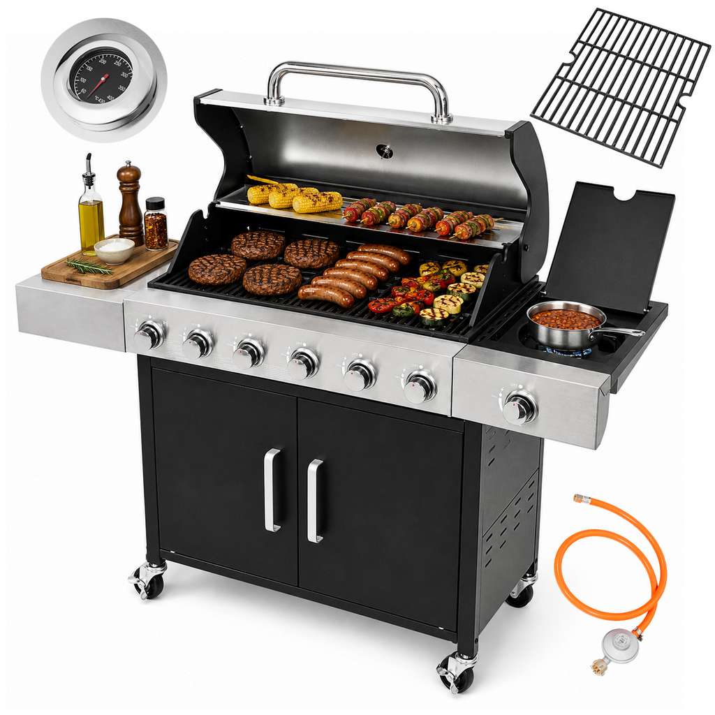 Grill gazowy ogrodowy BERGMANN 6+1 ze stolikiem bocznym, grill ogrodowy gazowy
