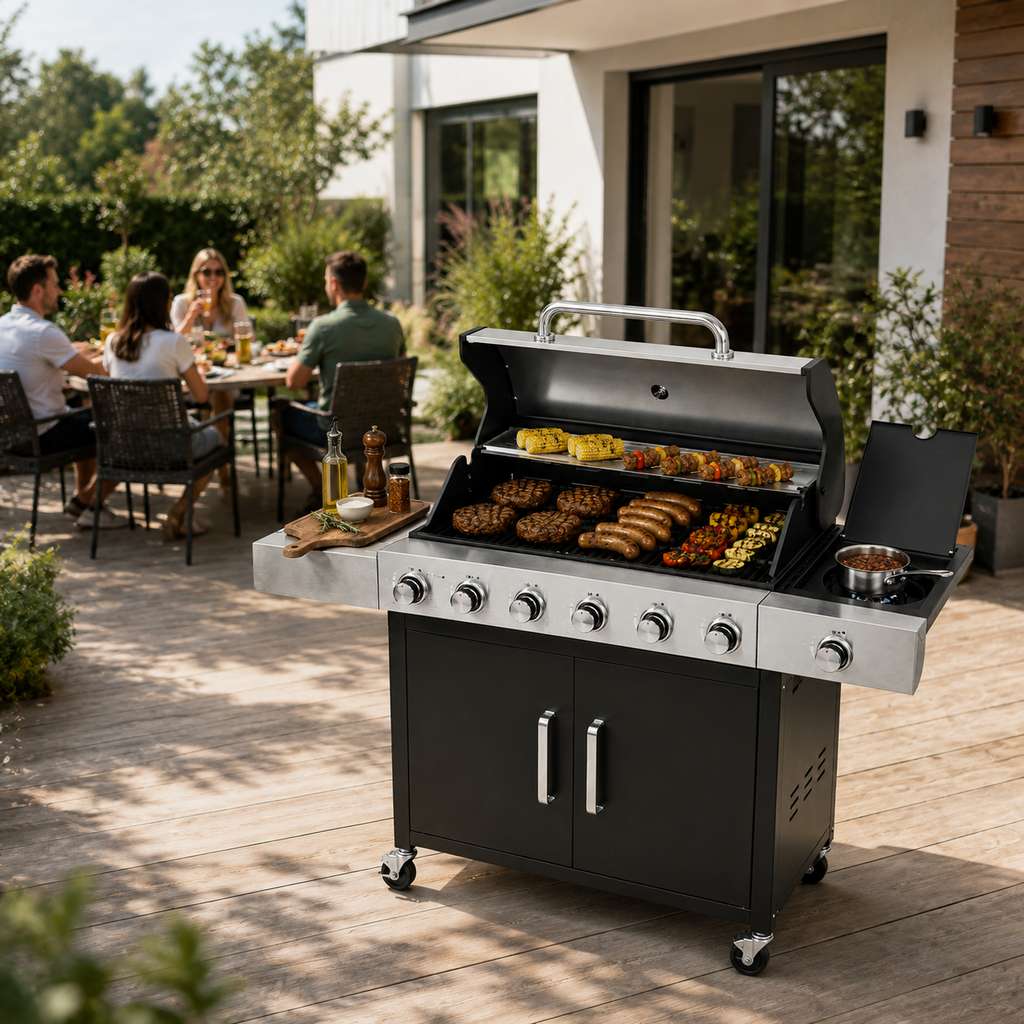 Grill gazowy ogrodowy BERGMANN 6+1 ze stolikiem bocznym, grill ogrodowy gazowy
