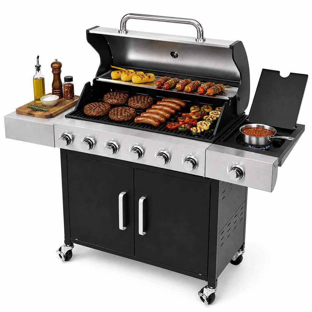Grill gazowy ogrodowy BERGMANN 6+1 ze stolikiem bocznym, grill ogrodowy gazowy