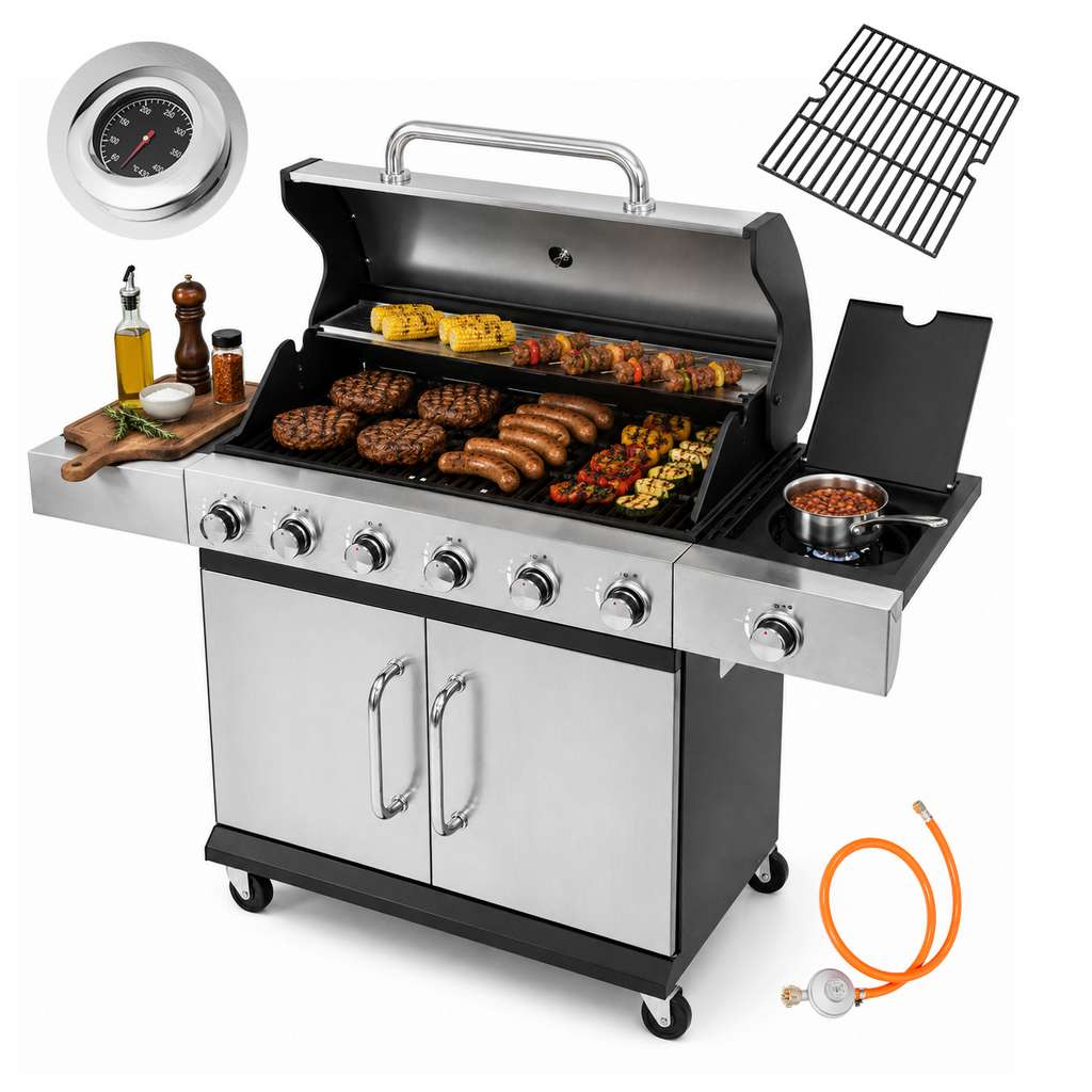 Grill gazowy ogrodowy BERGMANN 6+1 ze stolikiem bocznym, grill ogrodowy gazowy