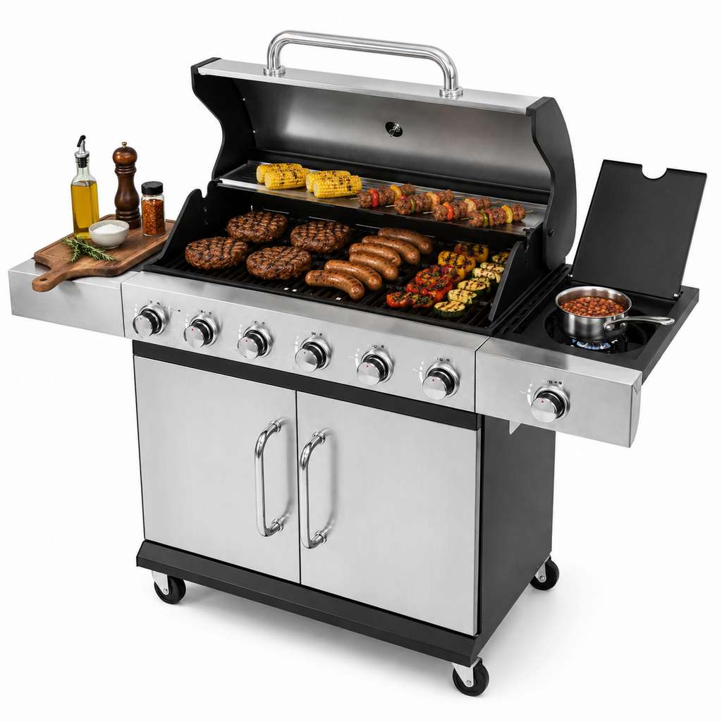Grill gazowy ogrodowy BERGMANN 6+1 ze stolikiem bocznym, grill ogrodowy gazowy