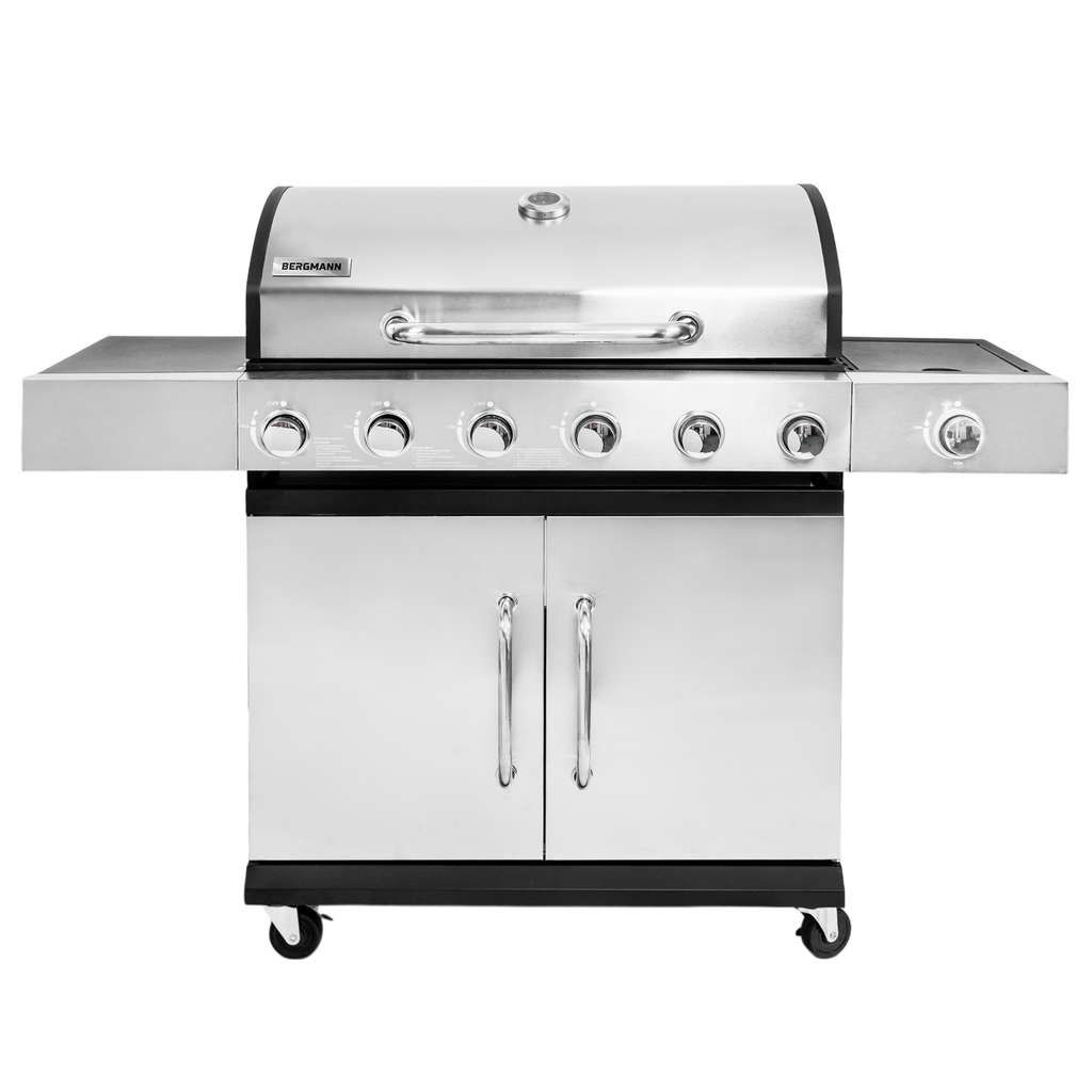 Grill gazowy ogrodowy BERGMANN 6+1 ze stolikiem bocznym, grill ogrodowy gazowy