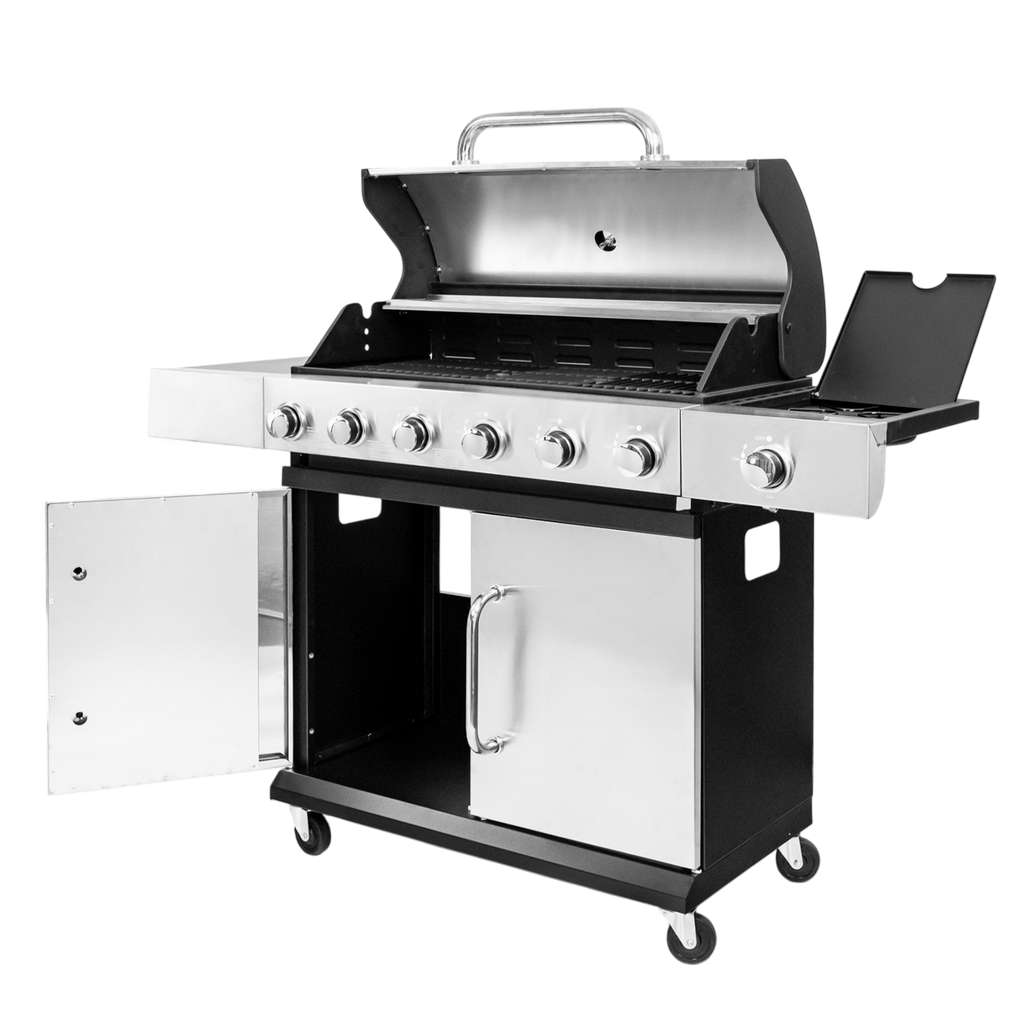 Grill gazowy ogrodowy BERGMANN 6+1 ze stolikiem bocznym, grill ogrodowy gazowy