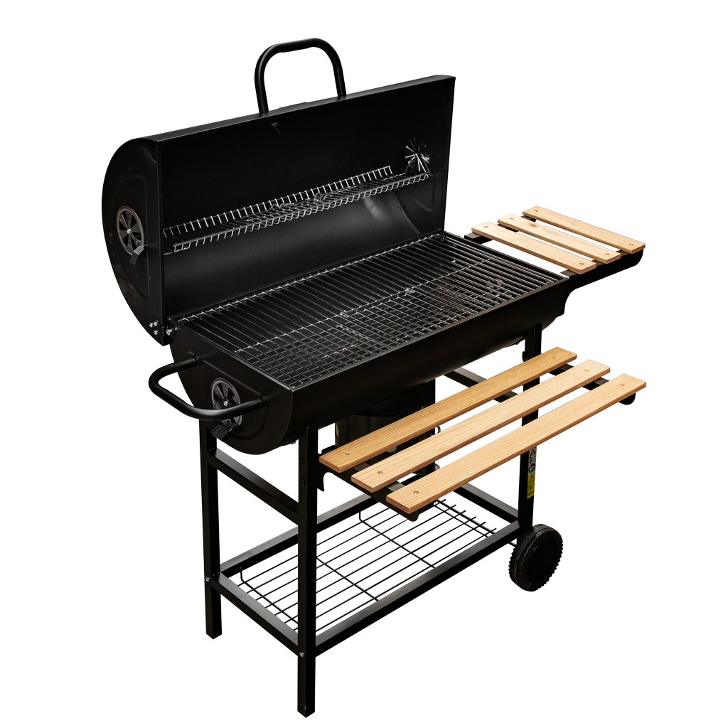 grill węglowy beczka, grill ogrodowy z pokrywą, grill z termometrem, grill wózek na kołach, grill ogrodowy mobilny