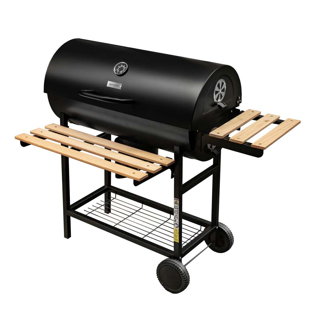 grill węglowy beczka, grill ogrodowy z pokrywą, grill z termometrem, grill wózek na kołach, grill ogrodowy mobilny