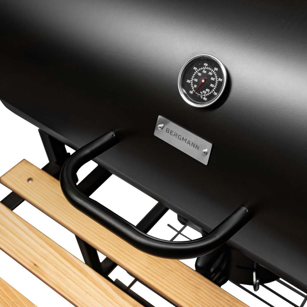 grill węglowy beczka, grill ogrodowy z pokrywą, grill z termometrem, grill wózek na kołach, grill ogrodowy mobilny