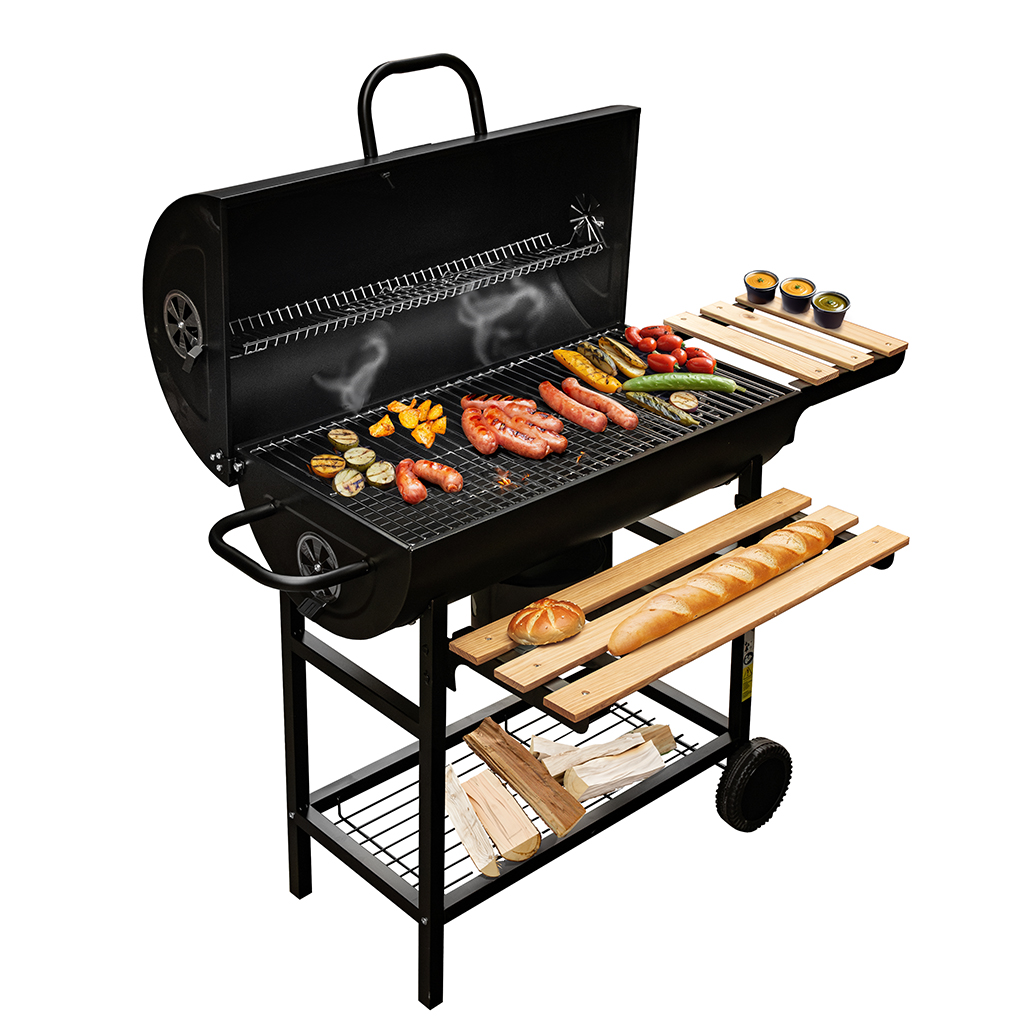 grill węglowy beczka, grill ogrodowy z pokrywą, grill z termometrem, grill wózek na kołach, grill ogrodowy mobilny