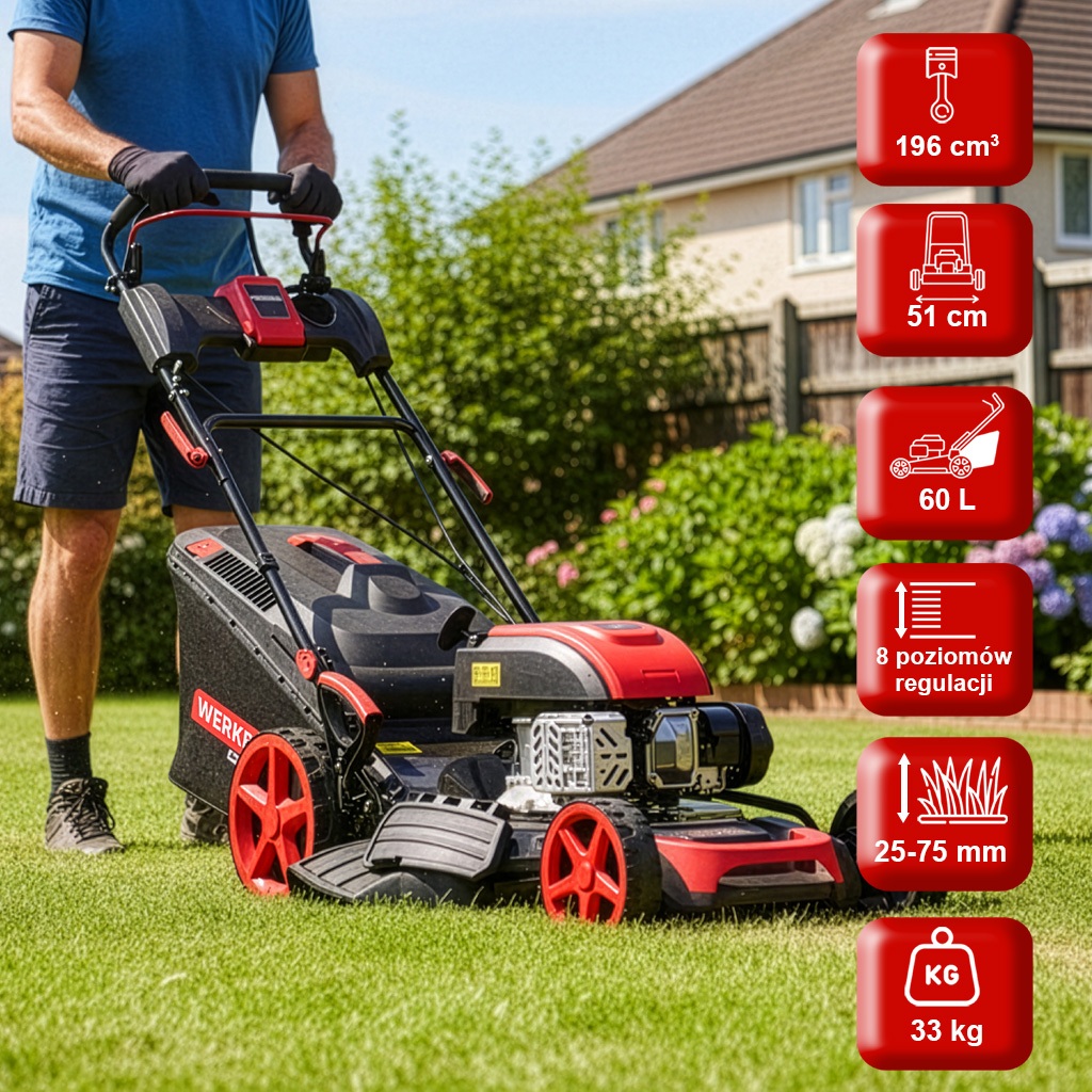kosiarka spalinowa do trawy, kosiarka do trawy z napędem, kosiarka WERKBERG Garden z silnikiem 196 cm 3 i szerokością koszenia 51 cm