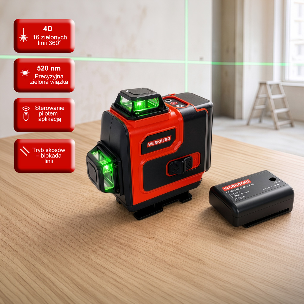 poziomica laserowa 4D, laser krzyżowy 16 linii, poziomica laserowa 360, laser do płytek, laser do sufitów podwieszanych, laser do zabudowy GK, poziomica z pilotem, laser budowlany, poziomica laserowa