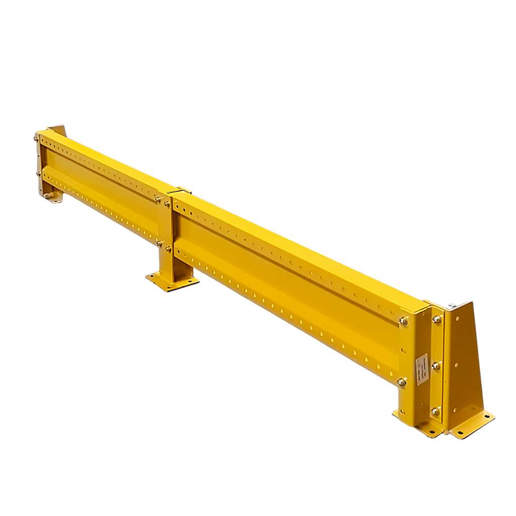 odbojnica czołowa regału, osłona regału paletowego, odbojnica stalowa, ochrona skrajnych ram regałowych, odbojnice magazynowe, zabezpieczenie regałów przed wózkami, stalowa belka ochronna, regał paletowy zabezpieczenie, odbojnik do magazynu