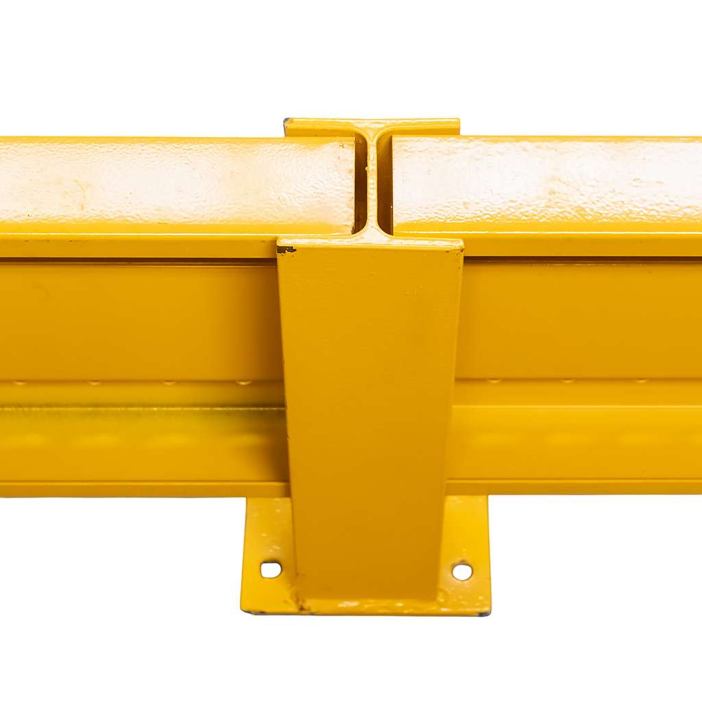 odbojnica czołowa regału, osłona regału paletowego, odbojnica stalowa, ochrona skrajnych ram regałowych, odbojnice magazynowe, zabezpieczenie regałów przed wózkami, stalowa belka ochronna, regał paletowy zabezpieczenie, odbojnik do magazynu