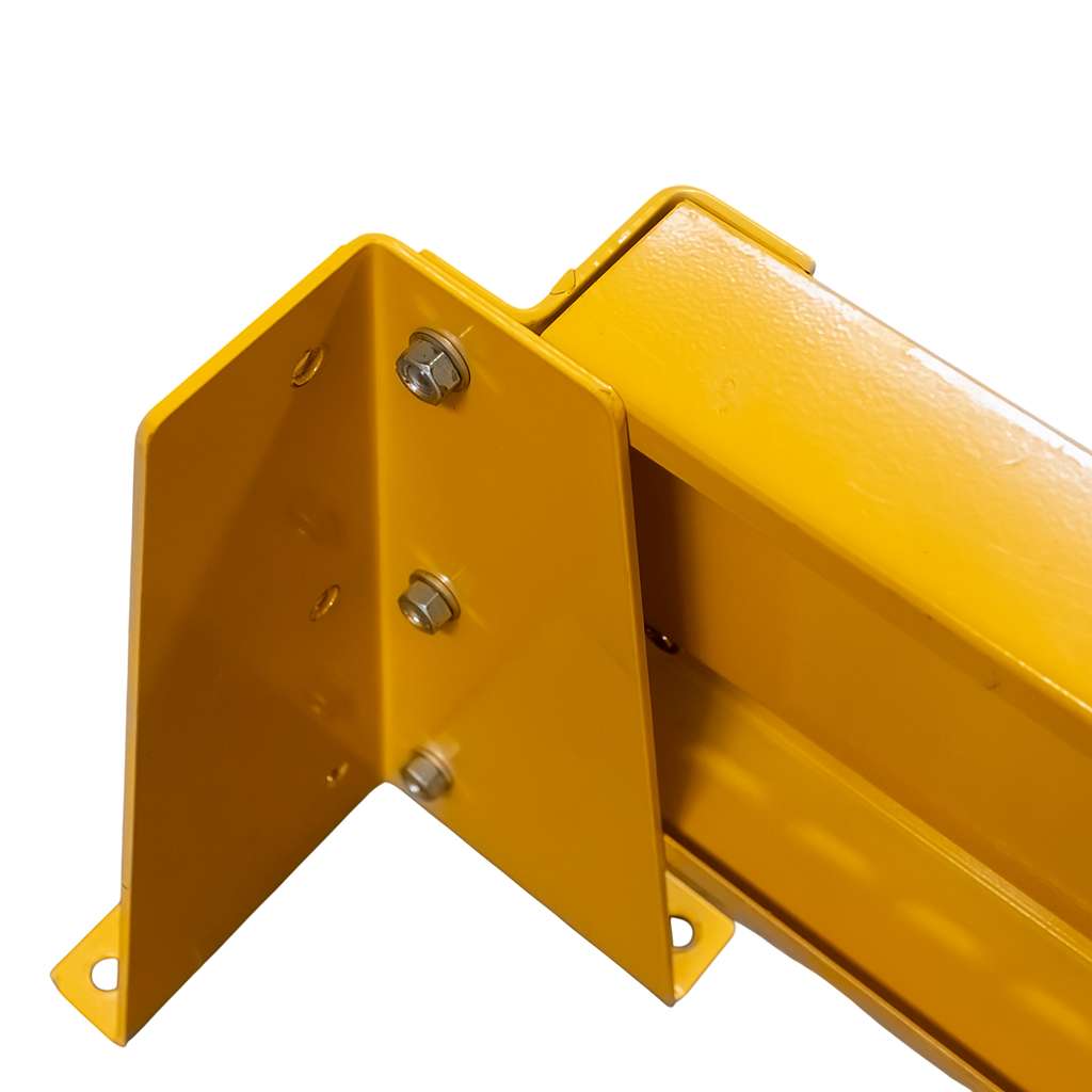 odbojnica czołowa regału, osłona regału paletowego, odbojnica stalowa, ochrona skrajnych ram regałowych, odbojnice magazynowe, zabezpieczenie regałów przed wózkami, stalowa belka ochronna, regał paletowy zabezpieczenie, odbojnik do magazynu