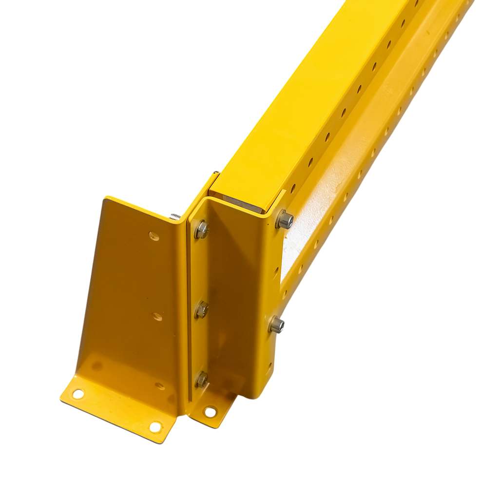 odbojnica czołowa regału, osłona regału paletowego, odbojnica stalowa, ochrona skrajnych ram regałowych, odbojnice magazynowe, zabezpieczenie regałów przed wózkami, stalowa belka ochronna, regał paletowy zabezpieczenie, odbojnik do magazynu