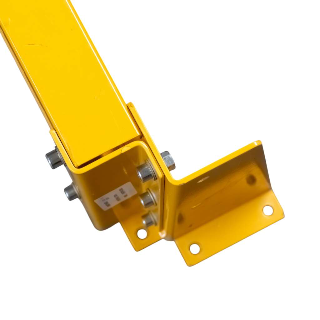 odbojnica czołowa regału, osłona regału paletowego, odbojnica stalowa, ochrona skrajnych ram regałowych, odbojnice magazynowe, zabezpieczenie regałów przed wózkami, stalowa belka ochronna, regał paletowy zabezpieczenie, odbojnik do magazynu