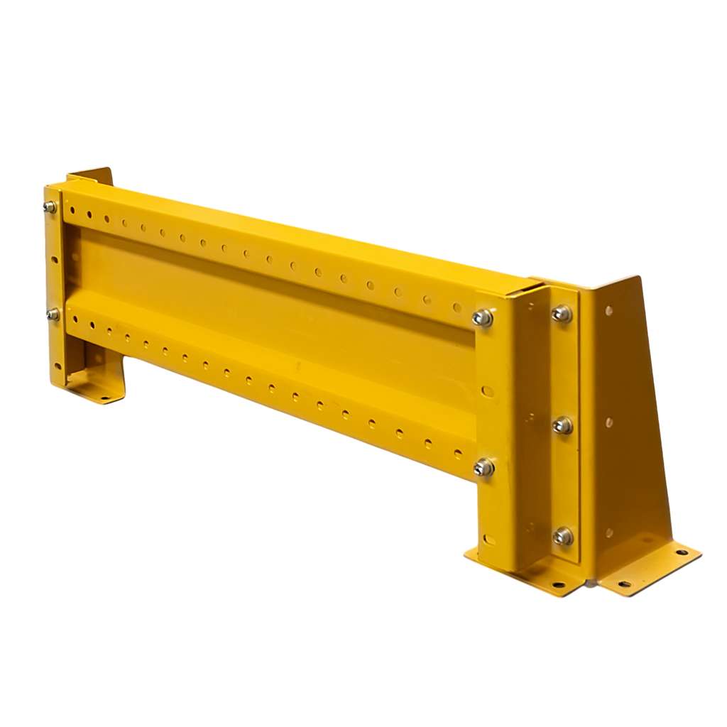 odbojnica czołowa regału, osłona regału paletowego, odbojnica stalowa, ochrona skrajnych ram regałowych, odbojnice magazynowe, zabezpieczenie regałów przed wózkami, stalowa belka ochronna, regał paletowy zabezpieczenie, odbojnik do magazynu