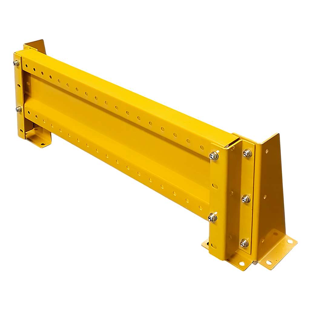 odbojnica czołowa regału, osłona regału paletowego, odbojnica stalowa, ochrona skrajnych ram regałowych, odbojnice magazynowe, zabezpieczenie regałów przed wózkami, stalowa belka ochronna, regał paletowy zabezpieczenie, odbojnik do magazynu