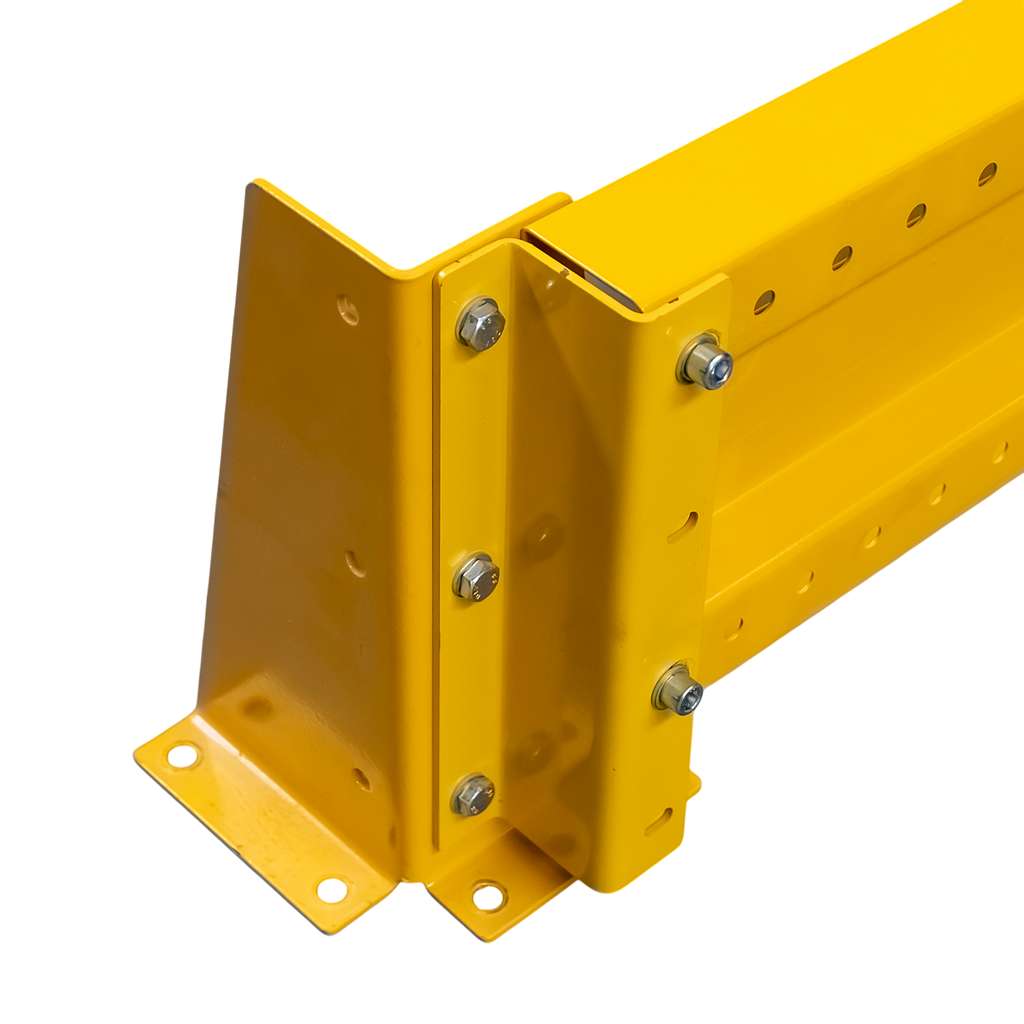 odbojnica czołowa regału, osłona regału paletowego, odbojnica stalowa, ochrona skrajnych ram regałowych, odbojnice magazynowe, zabezpieczenie regałów przed wózkami, stalowa belka ochronna, regał paletowy zabezpieczenie, odbojnik do magazynu