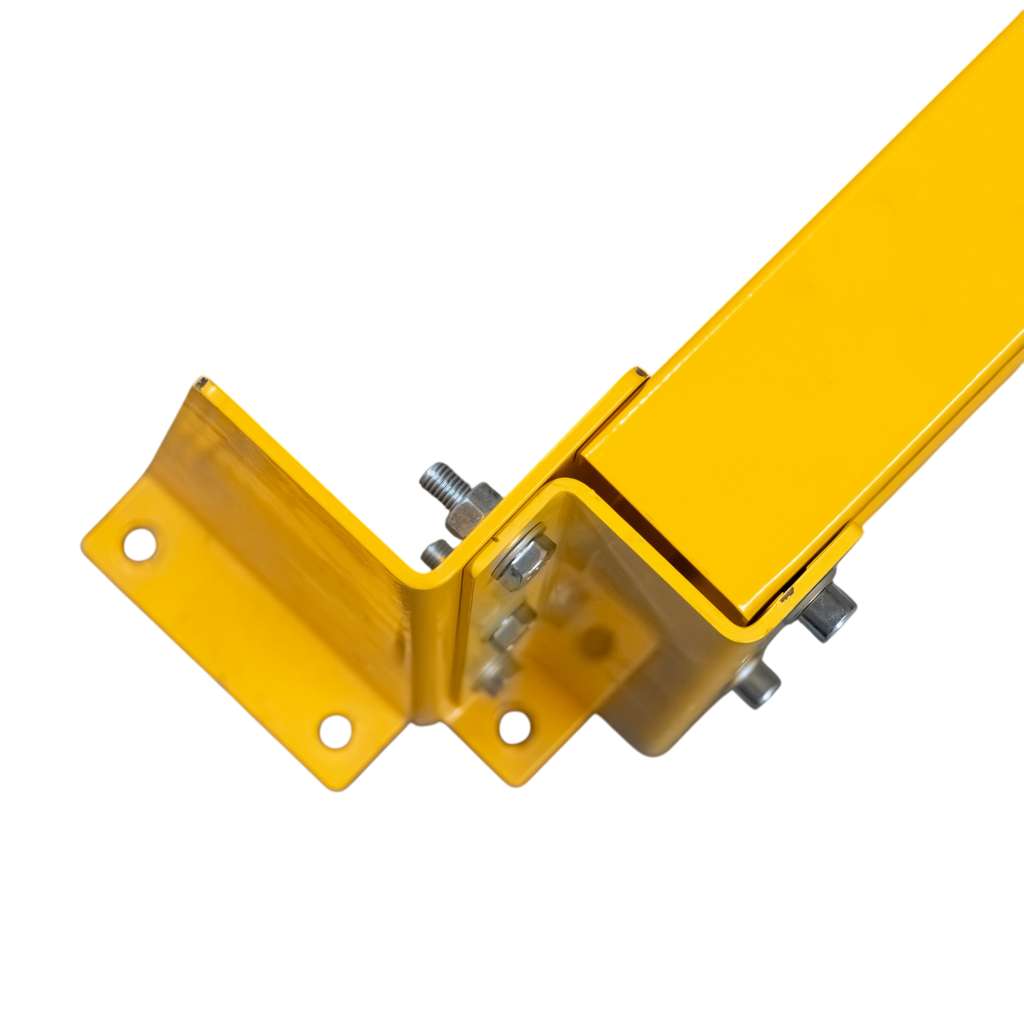 odbojnica czołowa regału, osłona regału paletowego, odbojnica stalowa, ochrona skrajnych ram regałowych, odbojnice magazynowe, zabezpieczenie regałów przed wózkami, stalowa belka ochronna, regał paletowy zabezpieczenie, odbojnik do magazynu