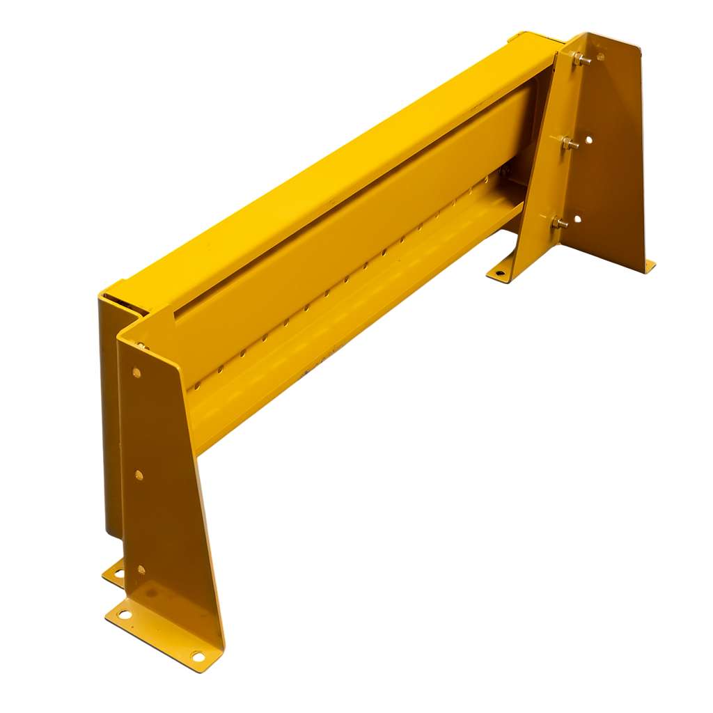 odbojnica czołowa regału, osłona regału paletowego, odbojnica stalowa, ochrona skrajnych ram regałowych, odbojnice magazynowe, zabezpieczenie regałów przed wózkami, stalowa belka ochronna, regał paletowy zabezpieczenie, odbojnik do magazynu