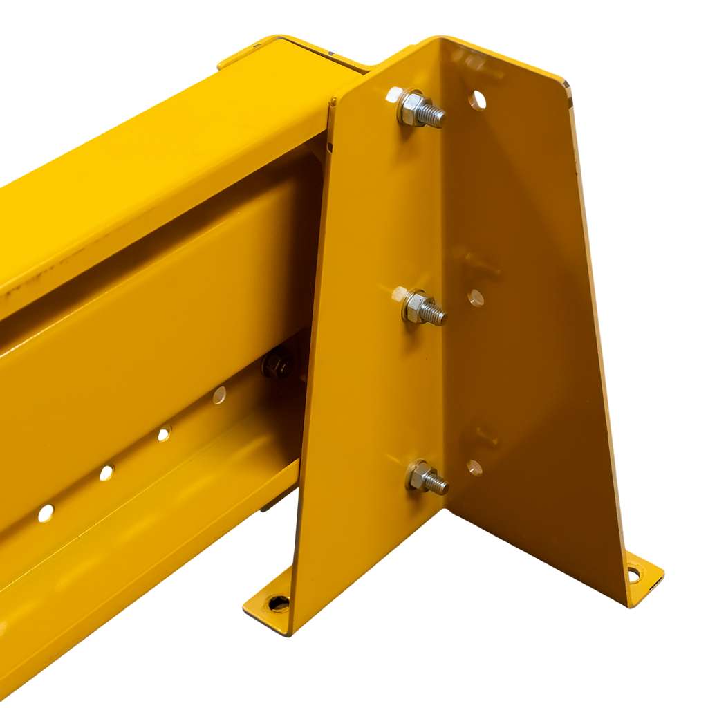 odbojnica czołowa regału, osłona regału paletowego, odbojnica stalowa, ochrona skrajnych ram regałowych, odbojnice magazynowe, zabezpieczenie regałów przed wózkami, stalowa belka ochronna, regał paletowy zabezpieczenie, odbojnik do magazynu