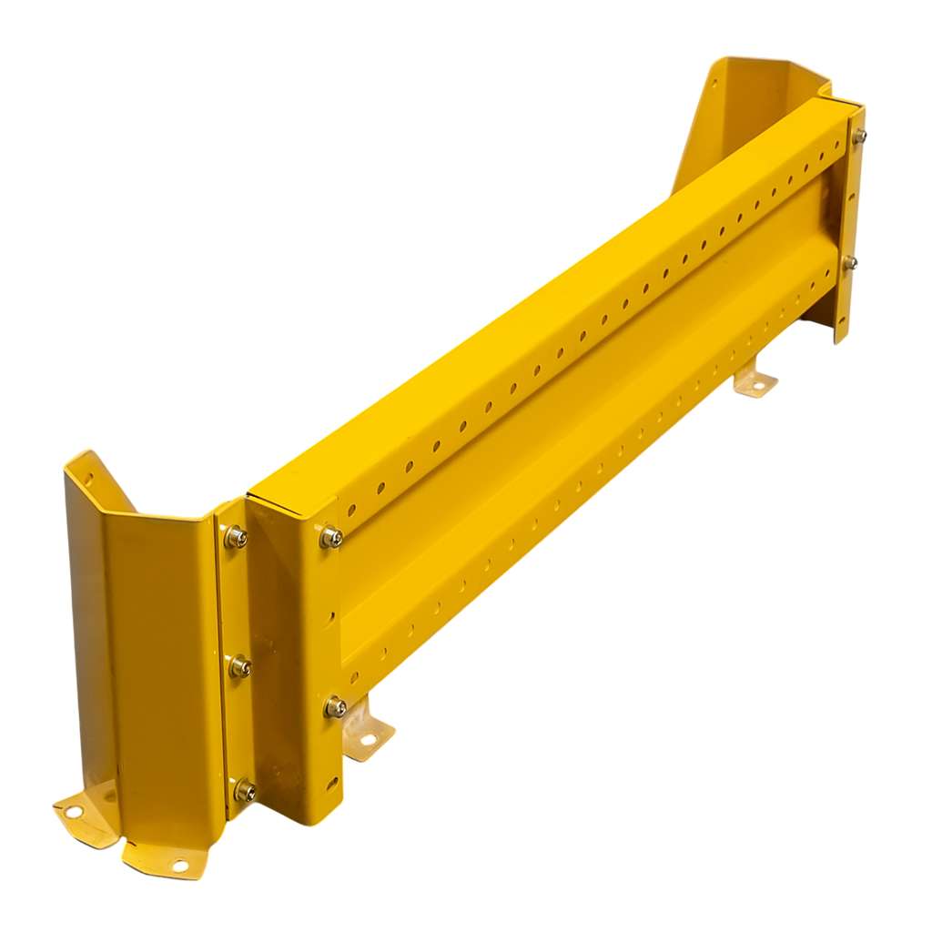 odbojnica czołowa regału, osłona regału paletowego, odbojnica stalowa, ochrona skrajnych ram regałowych, odbojnice magazynowe, zabezpieczenie regałów przed wózkami, stalowa belka ochronna, regał paletowy zabezpieczenie, odbojnik do magazynu