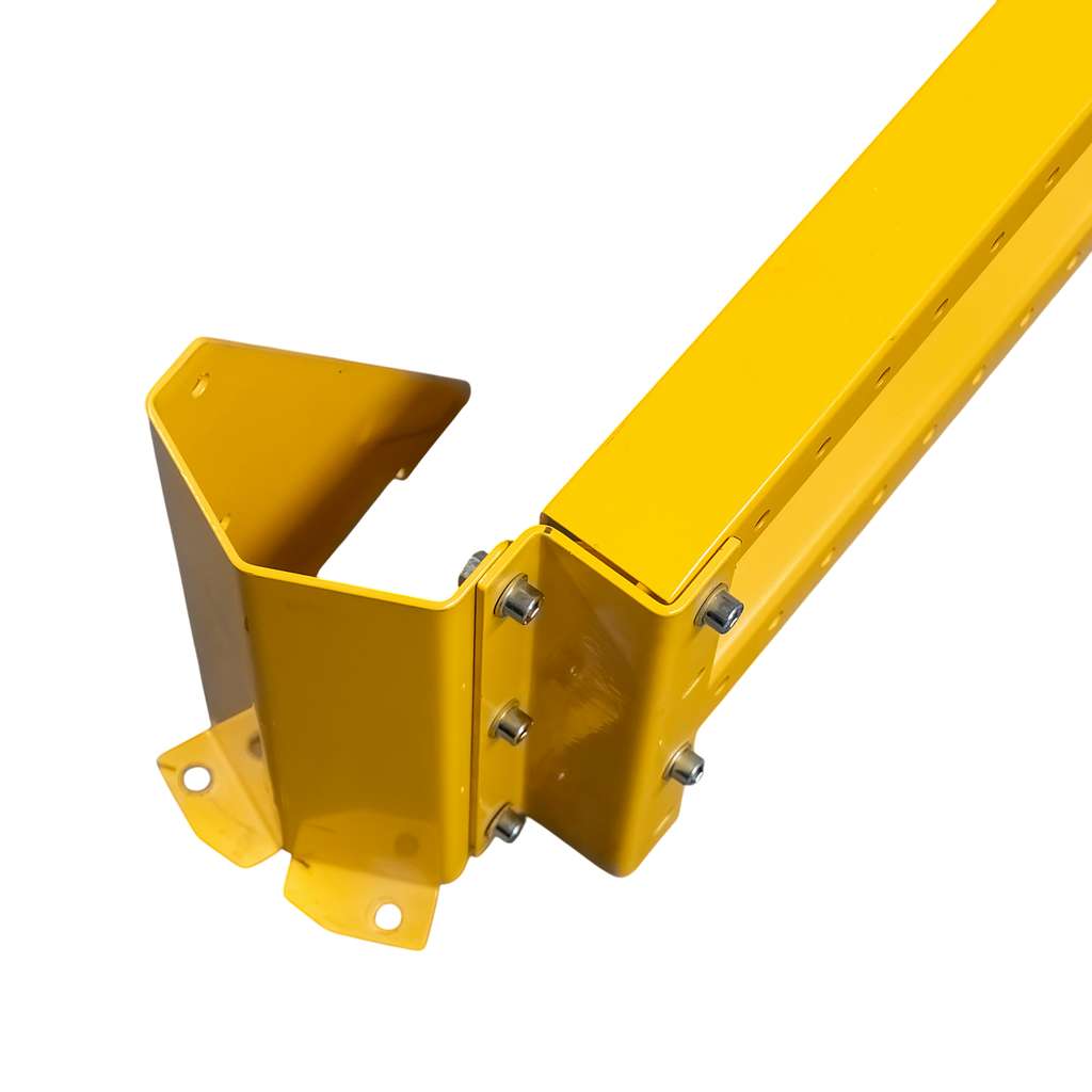 odbojnica czołowa regału, osłona regału paletowego, odbojnica stalowa, ochrona skrajnych ram regałowych, odbojnice magazynowe, zabezpieczenie regałów przed wózkami, stalowa belka ochronna, regał paletowy zabezpieczenie, odbojnik do magazynu