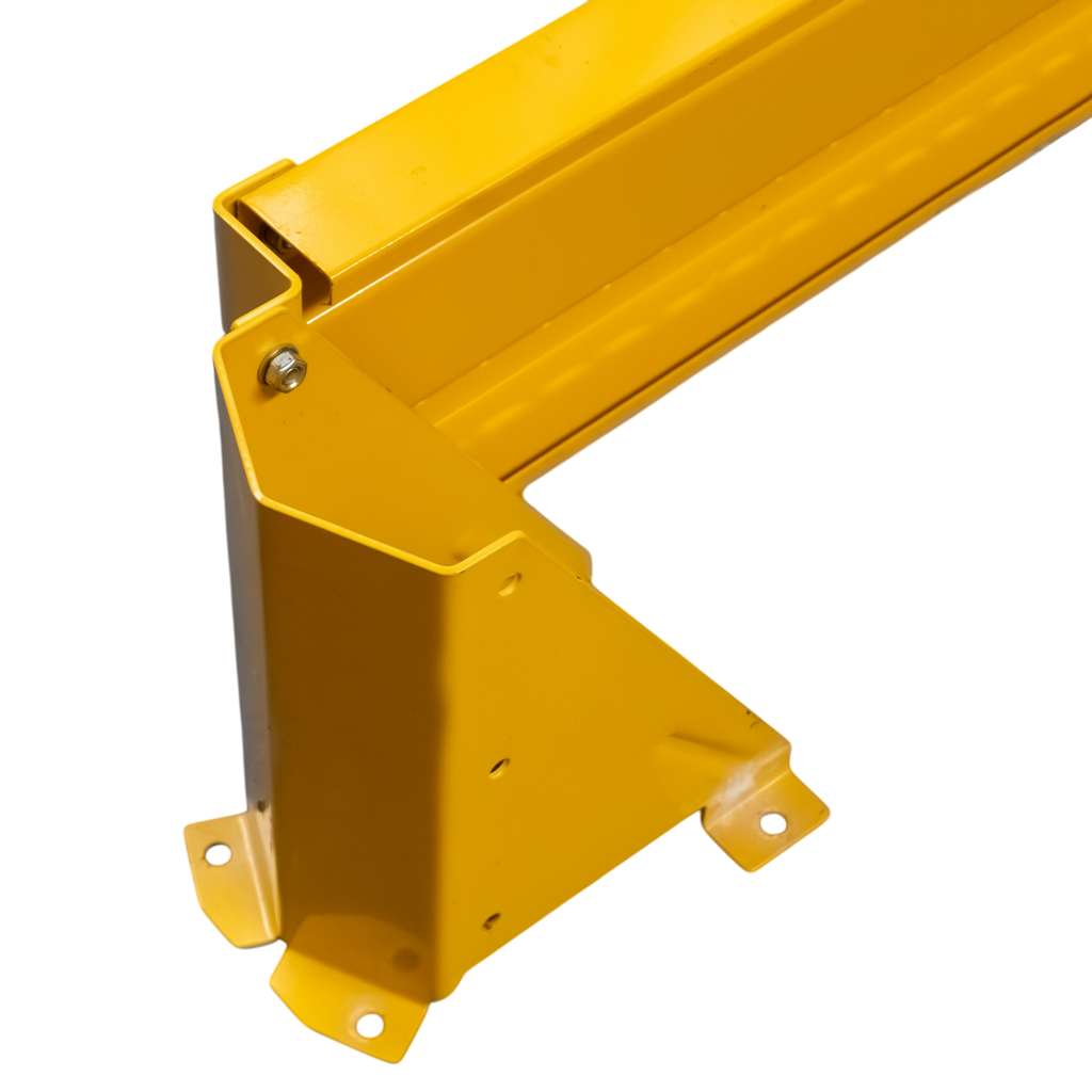 odbojnica czołowa regału, osłona regału paletowego, odbojnica stalowa, ochrona skrajnych ram regałowych, odbojnice magazynowe, zabezpieczenie regałów przed wózkami, stalowa belka ochronna, regał paletowy zabezpieczenie, odbojnik do magazynu