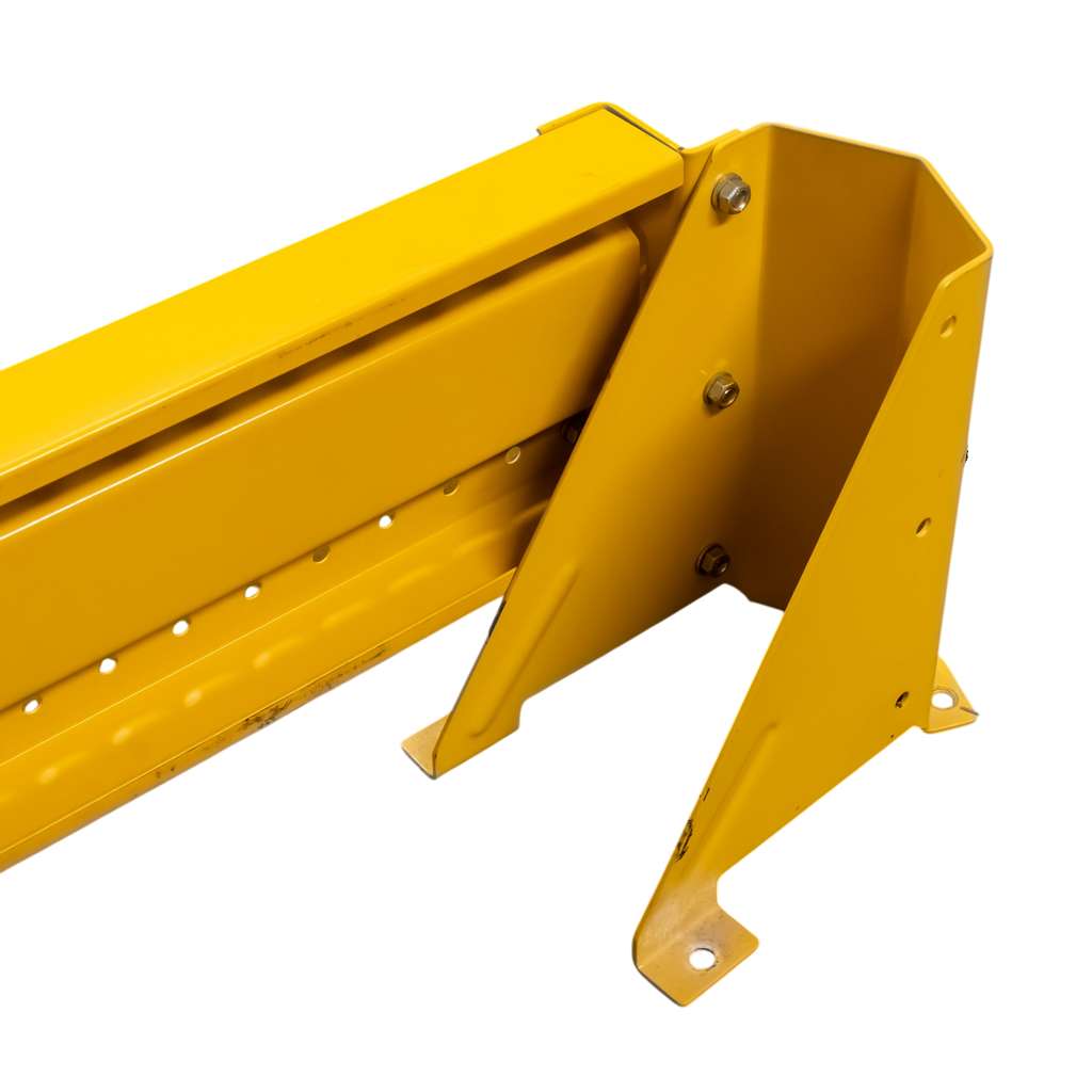 odbojnica czołowa regału, osłona regału paletowego, odbojnica stalowa, ochrona skrajnych ram regałowych, odbojnice magazynowe, zabezpieczenie regałów przed wózkami, stalowa belka ochronna, regał paletowy zabezpieczenie, odbojnik do magazynu