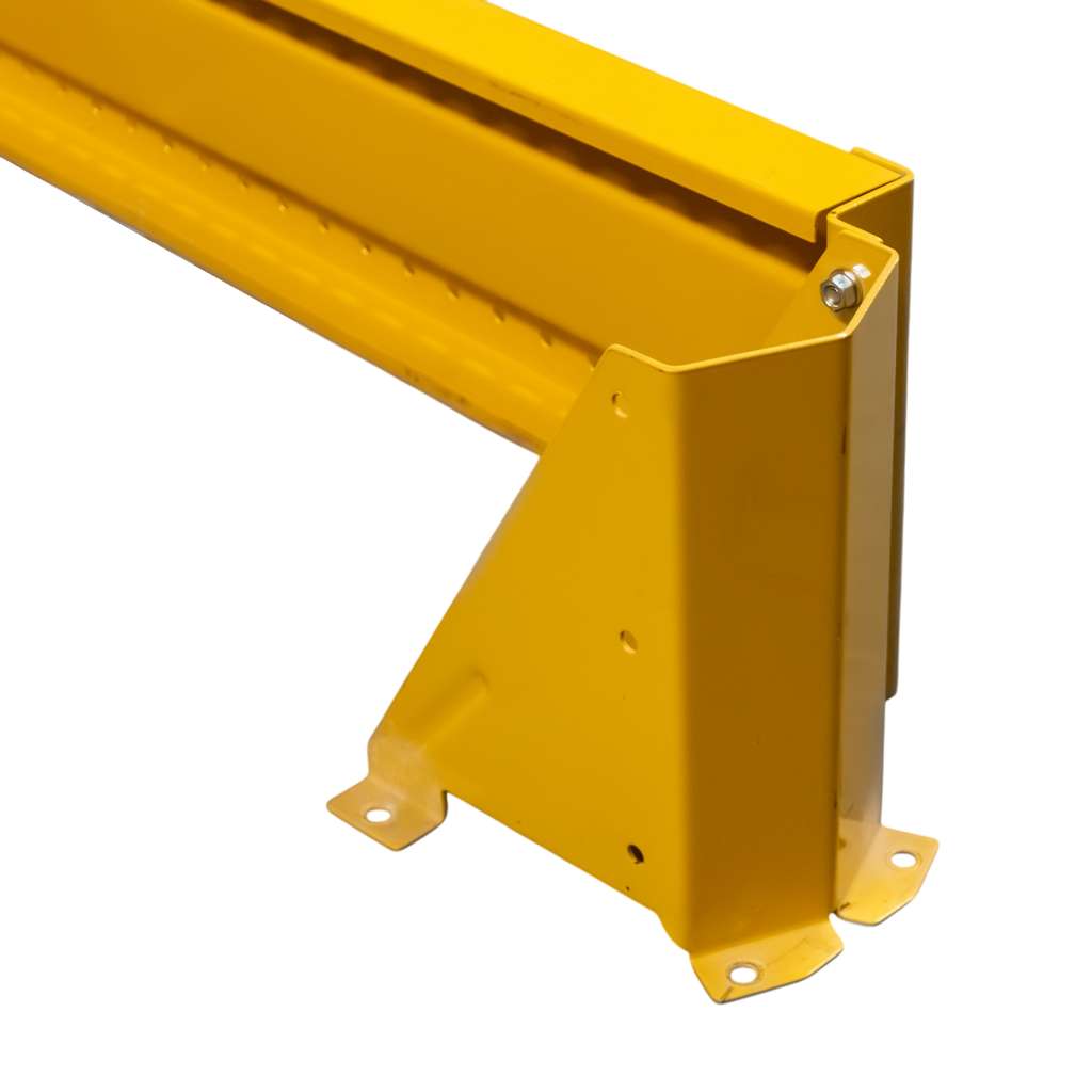 odbojnica czołowa regału, osłona regału paletowego, odbojnica stalowa, ochrona skrajnych ram regałowych, odbojnice magazynowe, zabezpieczenie regałów przed wózkami, stalowa belka ochronna, regał paletowy zabezpieczenie, odbojnik do magazynu