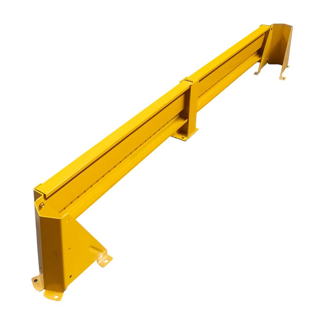 odbojnica czołowa regału, osłona regału paletowego, odbojnica stalowa, ochrona skrajnych ram regałowych, odbojnice magazynowe, zabezpieczenie regałów przed wózkami, stalowa belka ochronna, regał paletowy zabezpieczenie, odbojnik do magazynu