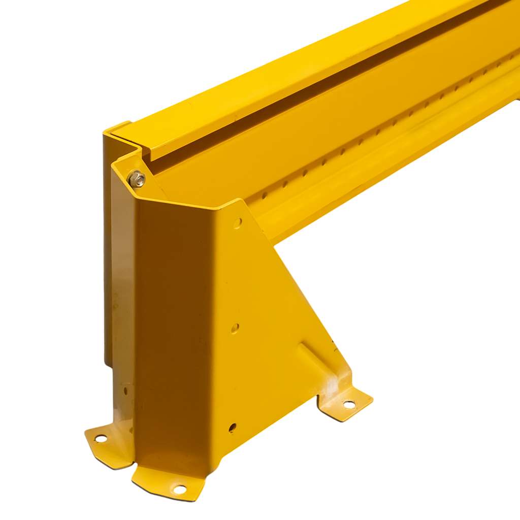 odbojnica czołowa regału, osłona regału paletowego, odbojnica stalowa, ochrona skrajnych ram regałowych, odbojnice magazynowe, zabezpieczenie regałów przed wózkami, stalowa belka ochronna, regał paletowy zabezpieczenie, odbojnik do magazynu