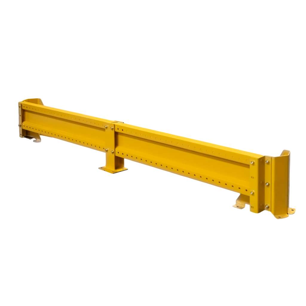 odbojnica czołowa regału, osłona regału paletowego, odbojnica stalowa, ochrona skrajnych ram regałowych, odbojnice magazynowe, zabezpieczenie regałów przed wózkami, stalowa belka ochronna, regał paletowy zabezpieczenie, odbojnik do magazynu