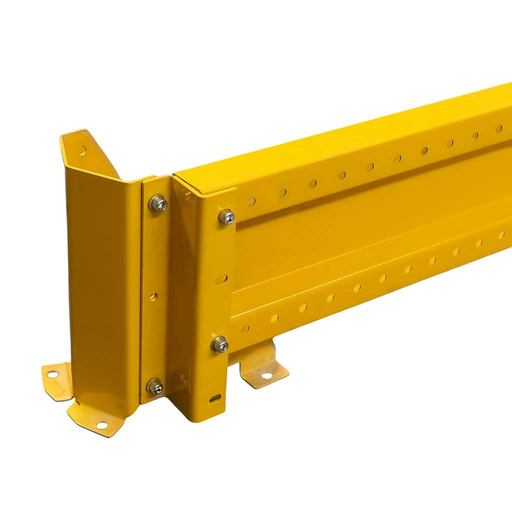 odbojnica czołowa regału, osłona regału paletowego, odbojnica stalowa, ochrona skrajnych ram regałowych, odbojnice magazynowe, zabezpieczenie regałów przed wózkami, stalowa belka ochronna, regał paletowy zabezpieczenie, odbojnik do magazynu